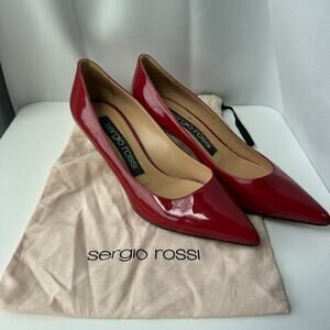 Sergio Rossi (IT37/US 7) Red Patent Leather Pointed Toe Kitten Heels- Designer
